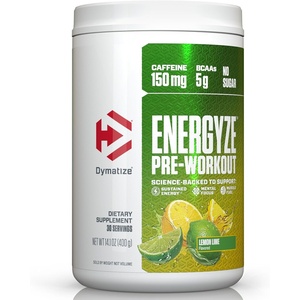 image:imageDymatize Energyze Pre Workout Powder for Men and Women Lemon Lime Flavor 150mg Caffeine 5g BCAAs Performance Blend of LTheanine LTyrosine LCitrulline No Sugar 30 ServingsLemon Lime
