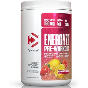 image:imageDymatize Energyze Pre Workout Powder for Men and Women Peach Mango 150mg Caffeine 5g BCAAs Performance Blend of LTheanine LTyrosine LCitrulline No Sugar 30 ServingsStrawberry Lemonade
