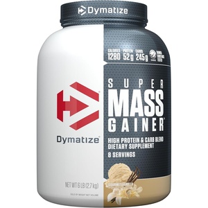 image:imageDymatize Super Mass Gainer Protein Powder Rich Chocolate 52g Protein 1g Creatine 1280 Calories 107g BCAAs 245g Carbs Contains Whey Protein Powder Isolate and Casein 8 ServingsVanilla