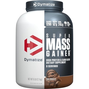 image:imageDymatize Super Mass Gainer Protein Powder Rich Chocolate 52g Protein 1g Creatine 1280 Calories 107g BCAAs 245g Carbs Contains Whey Protein Powder Isolate and Casein 8 ServingsRich Chocolate