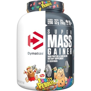 image:imageDymatize Super Mass Gainer Protein Powder Rich Chocolate 52g Protein 1g Creatine 1280 Calories 107g BCAAs 245g Carbs Contains Whey Protein Powder Isolate and Casein 8 ServingsFruity Pebbles