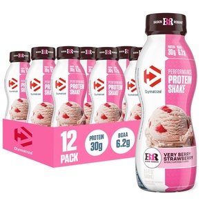 image:imageDymatize x Baskin Robbins Performance Protein Shake Very Berry Strawberry 30g Protein 62g BCAA for Muscle Recovery No Added Sugar Low Fat 24 Vitamins amp Minerals GlutenFree OntheGo Snack 115 fl oz 12 PackVery Berry Strawberry